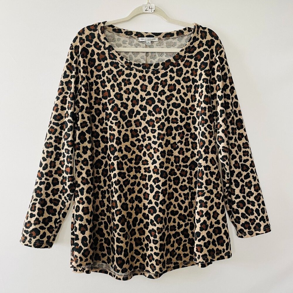 Green Envelope Womens Tan Brown Leopard Print Y2K Thin Knit Sweater Size 2X